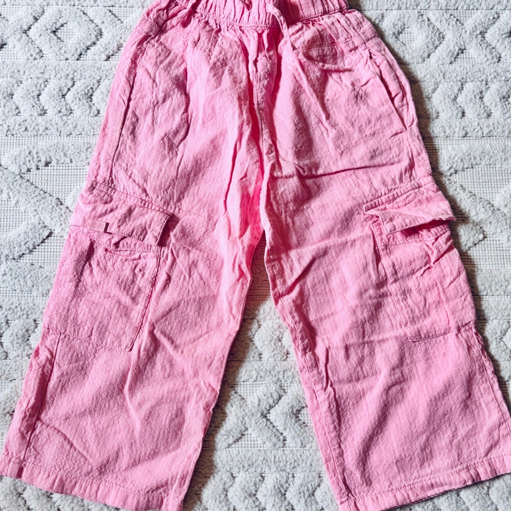 Zara Girls Pink Gauze Wide Leg Elastic Waist Cargo Pants, Pink, Sz 4Y